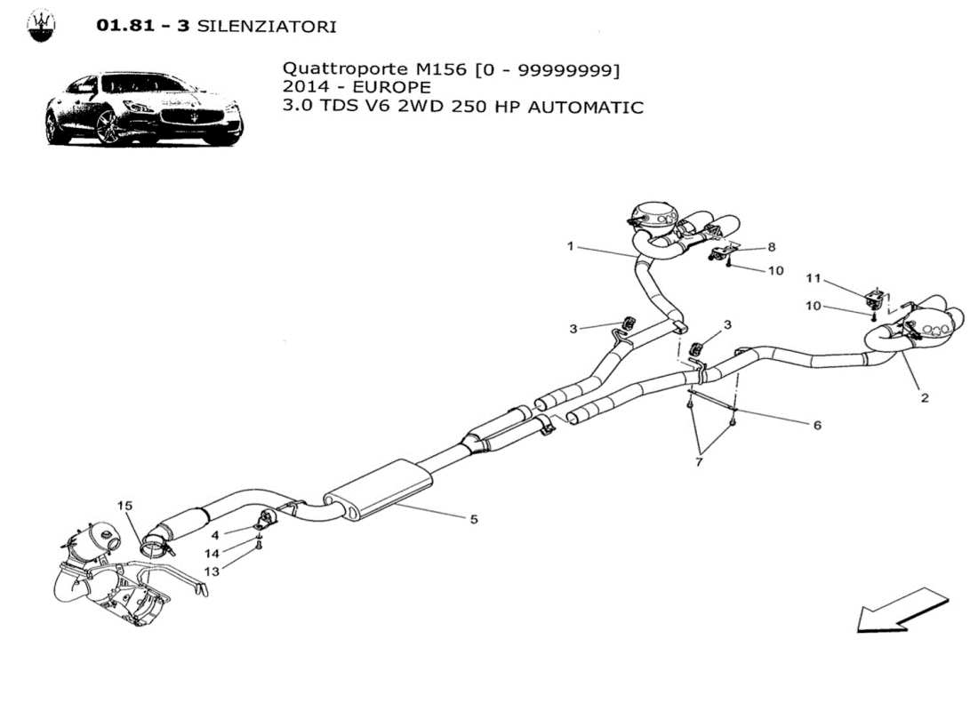 maserati qtp. v6 3.0 tds 250bhp 2014 diagramma delle parti dei silenziatori