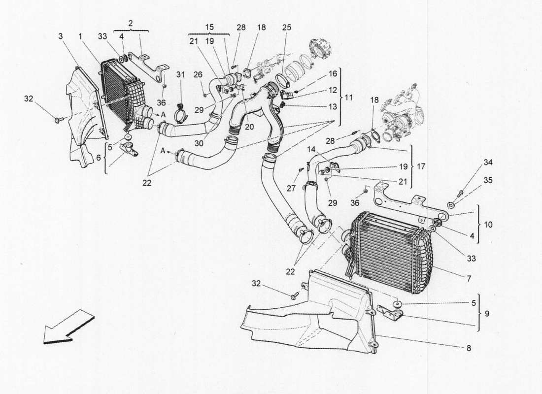 maserati qtp. v6 3.0 bt 410bhp 2015 diagramma delle parti del sistema di intercooler