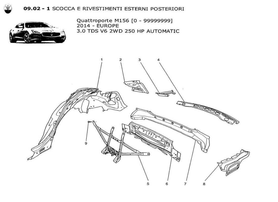 maserati qtp. v6 3.0 tds 250bhp 2014 schema delle parti della carrozzeria e dei pannelli di rivestimento esterni posteriori
