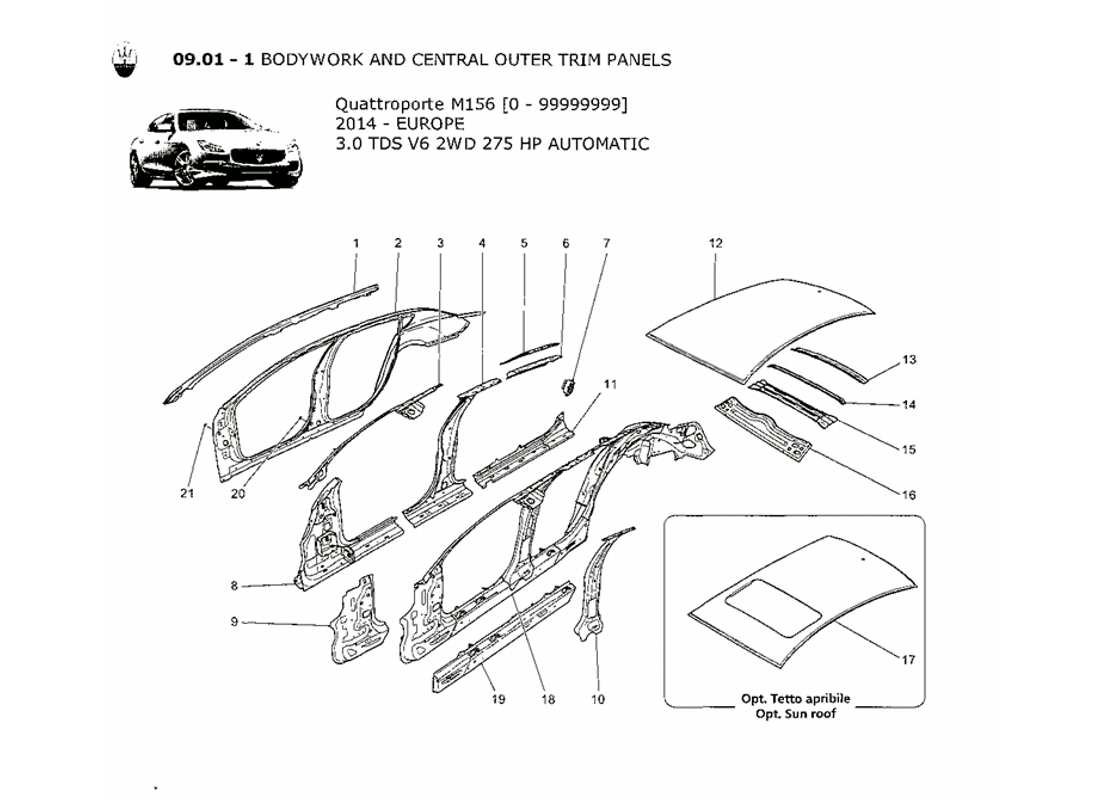 maserati qtp. v6 3.0 tds 275bhp 2014 schema delle parti della carrozzeria e dei pannelli di rivestimento esterni centrali