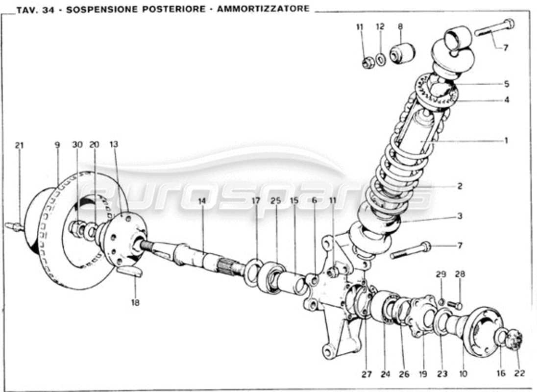 ferrari 246 gt series 1 sospensione posteriore: schema delle parti dell'ammortizzatore