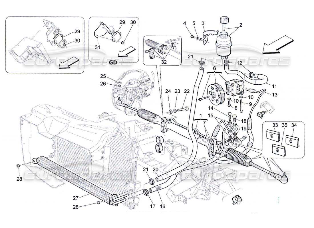 maserati qtp. (2010) 4.7 schema delle parti della scatola dello sterzo e della pompa dello sterzo idraulica