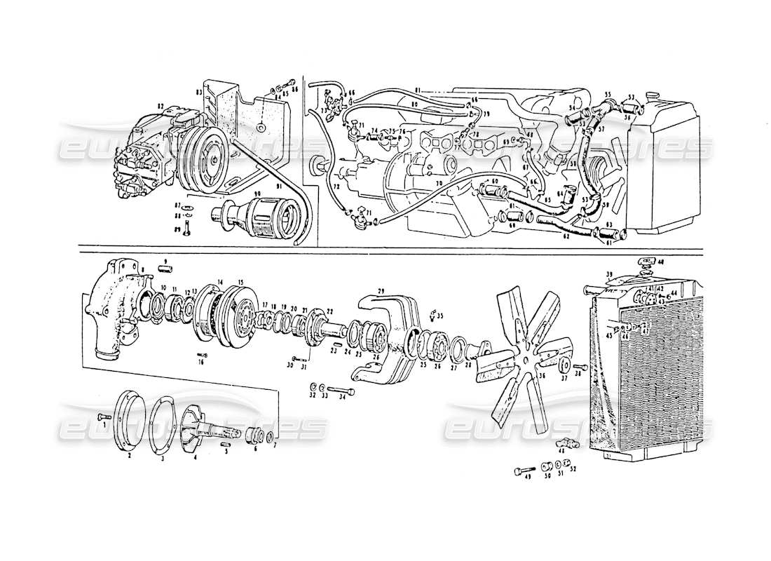 maserati 3500 gt pompa dell'acqua e ventola diagramma delle parti