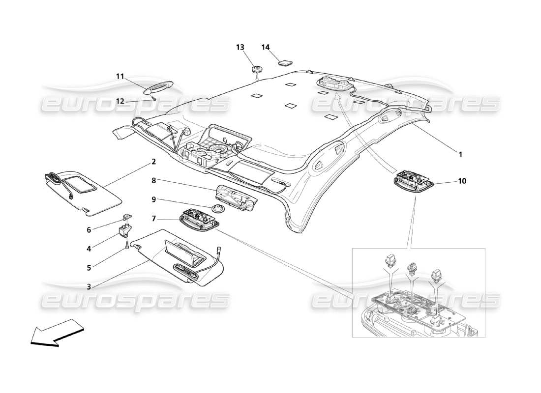 maserati qtp. (2003) 4.2 diagramma delle parti del tetto e delle alette parasole