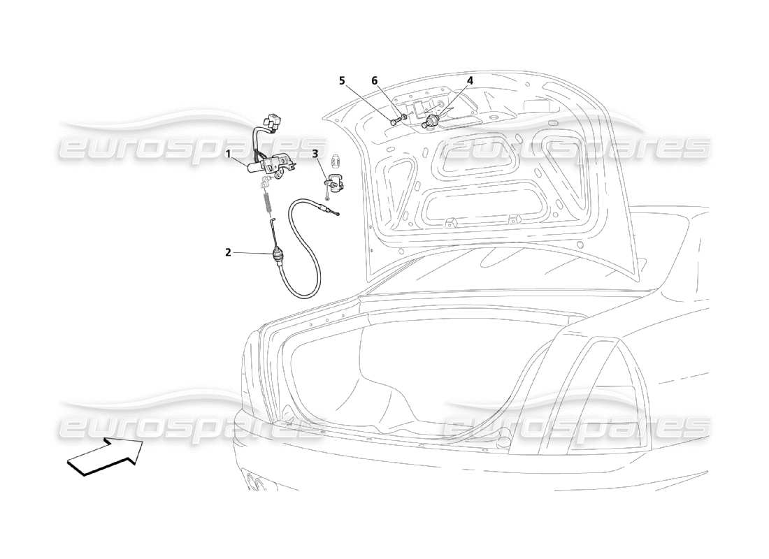 maserati qtp. (2003) 4.2 schema delle parti del dispositivo di apertura del cofano posteriore