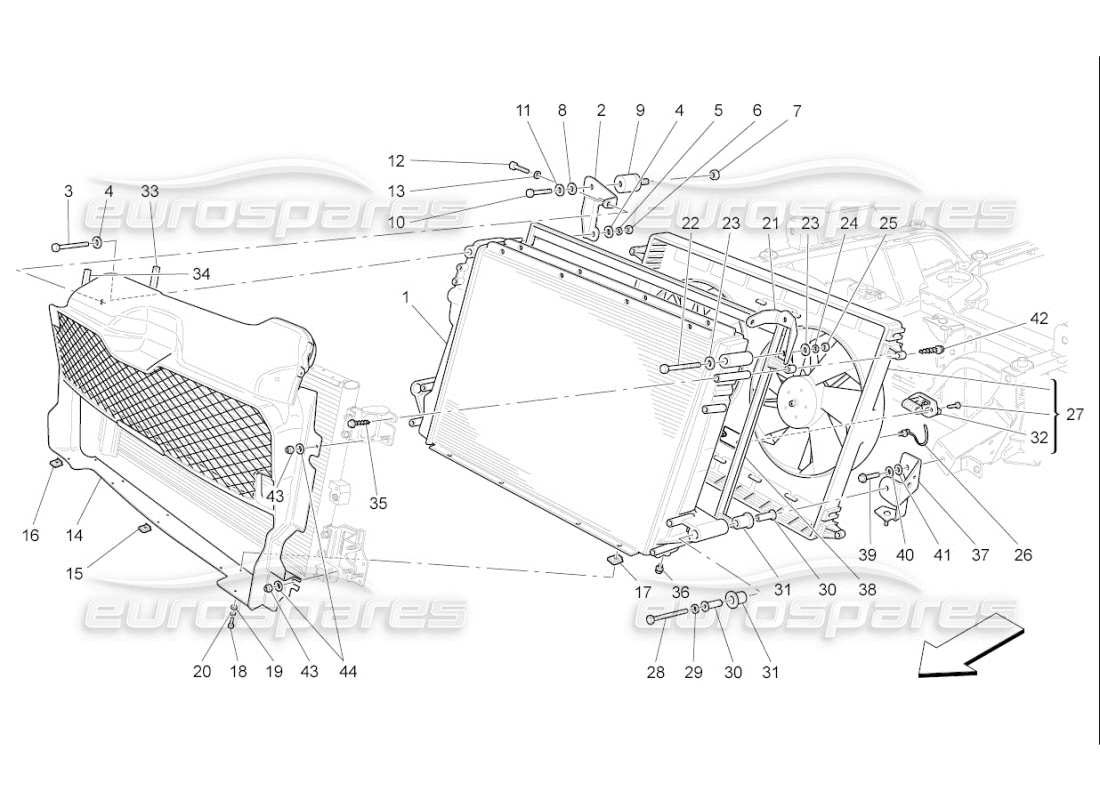 maserati qtp. (2009) 4.7 auto raffreddamento: diagramma delle parti dei radiatori dell'aria e dei condotti