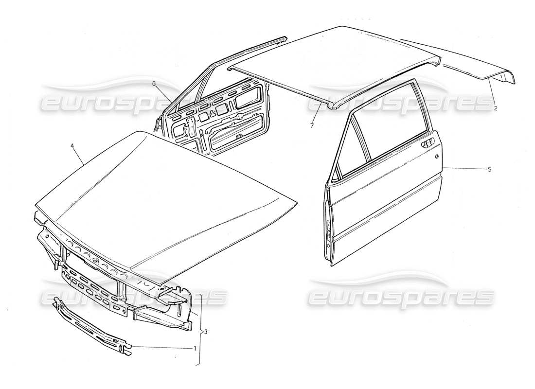 maserati 228 scocca della carrozzeria: diagramma delle parti del pannello anteriore, del tetto, delle porte e del bagagliaio
