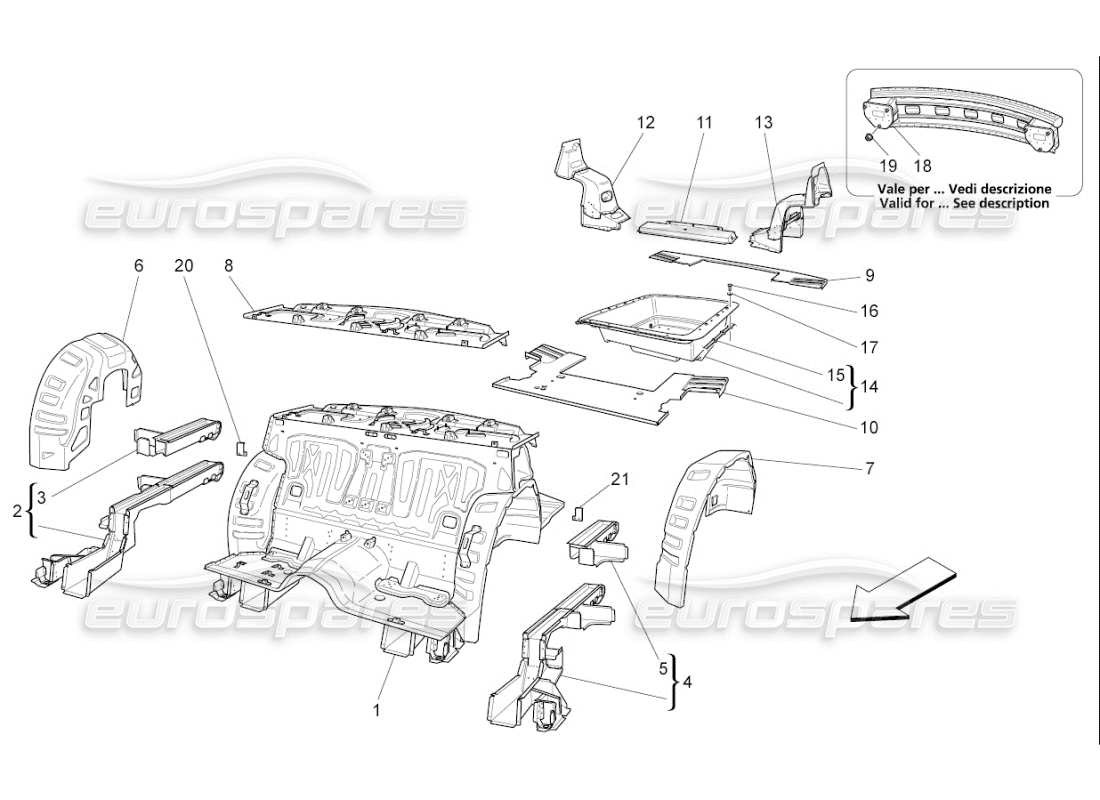 maserati qtp. (2010) 4.7 auto schema delle parti dei telai strutturali posteriori e dei pannelli in lamiera