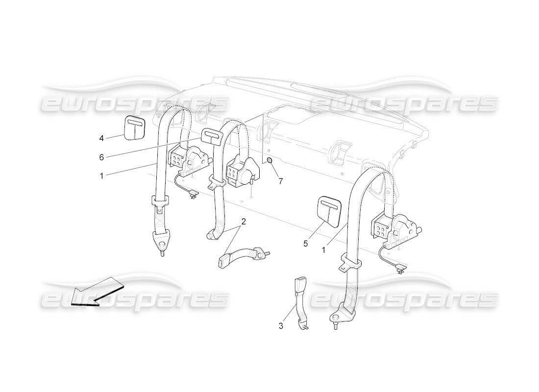 maserati qtp. (2011) 4.2 auto diagramma delle parti delle cinture di sicurezza posteriori