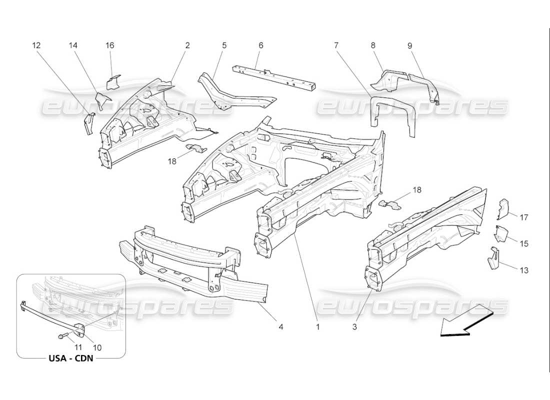 maserati qtp. (2009) 4.7 auto schema delle parti dei telai strutturali anteriori e dei pannelli in lamiera