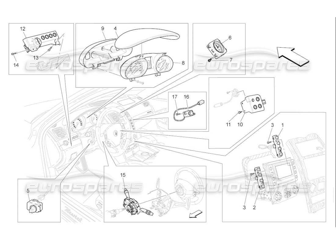 maserati qtp. (2009) 4.2 auto dispositivi da cruscotto diagramma delle parti