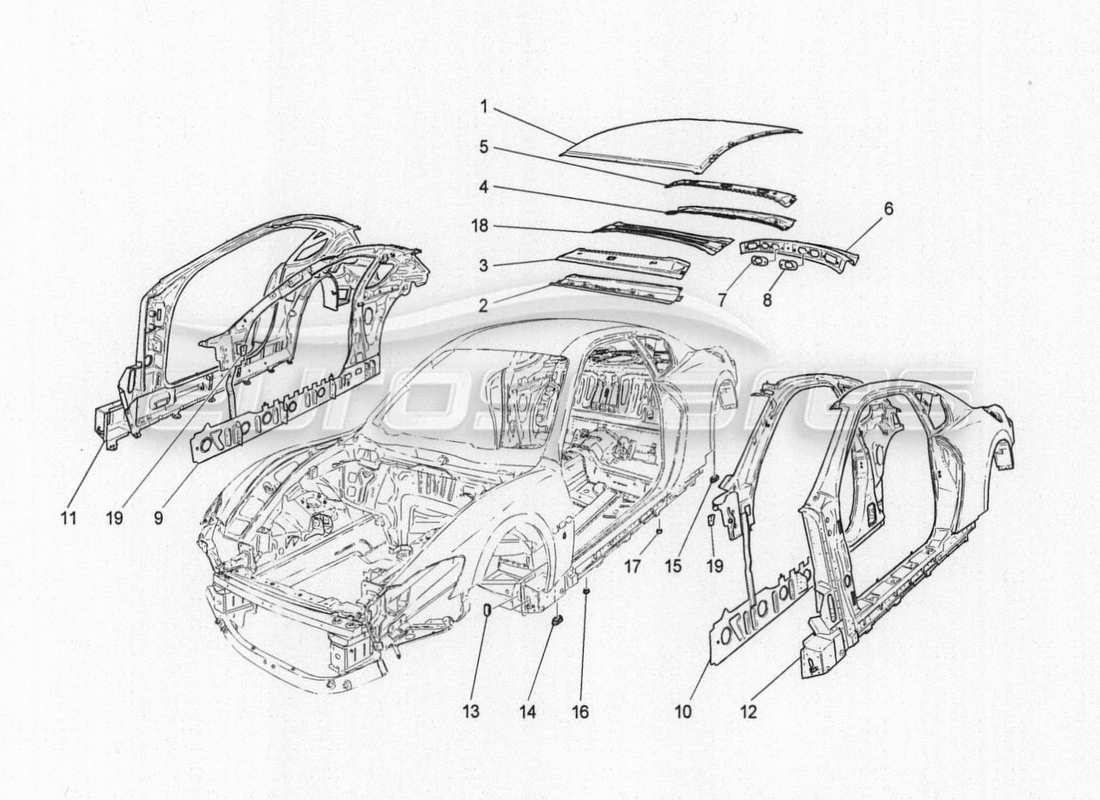 maserati granturismo special edition schema delle parti della carrozzeria e dei pannelli di rivestimento esterni centrali