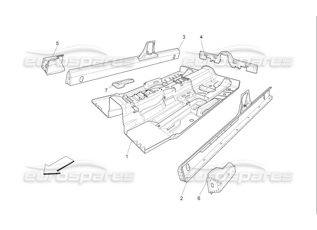 maserati qtp. (2010) 4.7 auto schema delle parti dei telai strutturali centrali e dei pannelli in lamiera