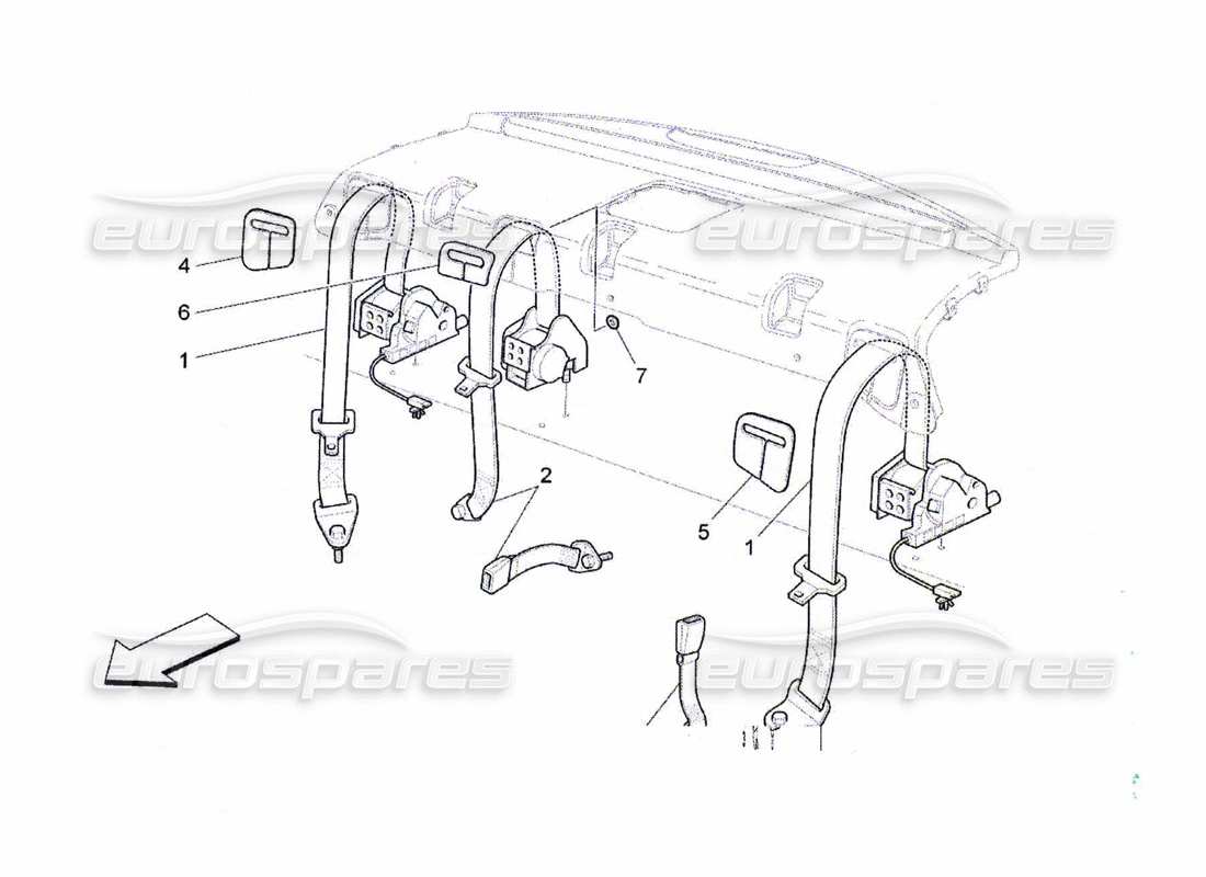 maserati qtp. (2010) 4.7 diagramma delle parti delle cinture di sicurezza posteriori