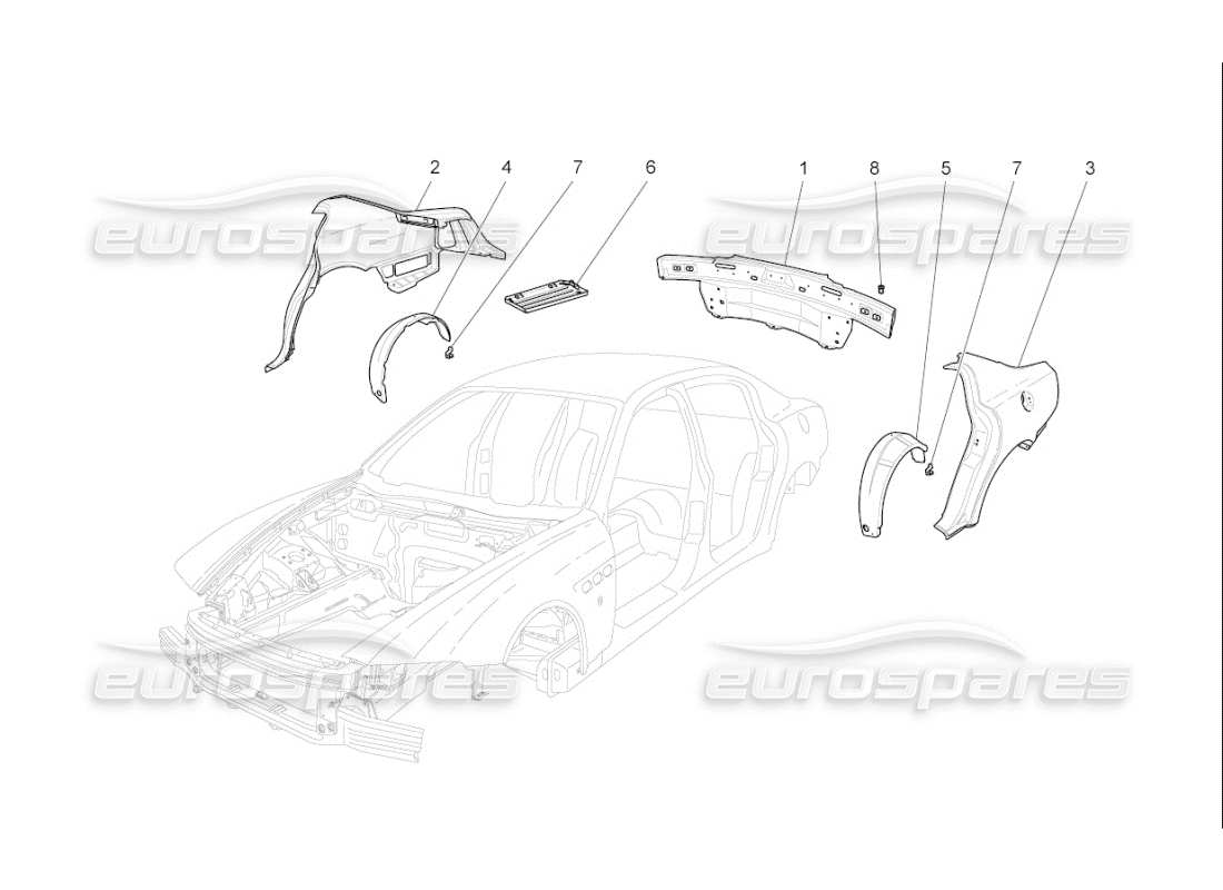 maserati qtp. (2009) 4.7 auto schema delle parti della carrozzeria e dei pannelli di rivestimento esterni posteriori