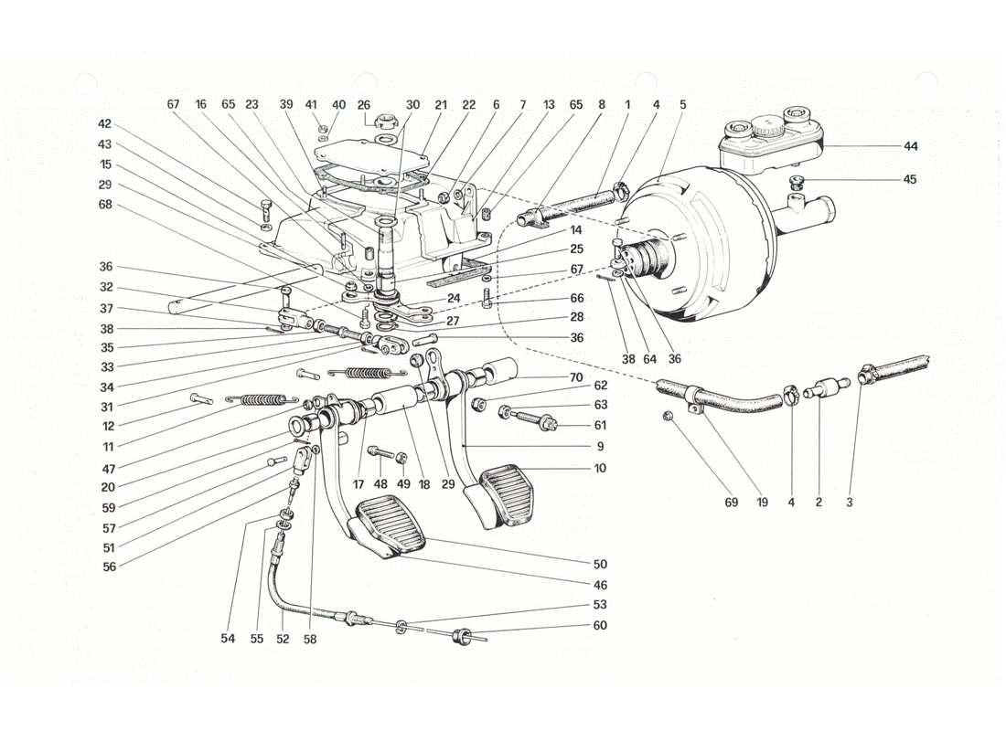 ferrari 208 gtb gts pedaliera - schema delle parti dei comandi freno e frizione