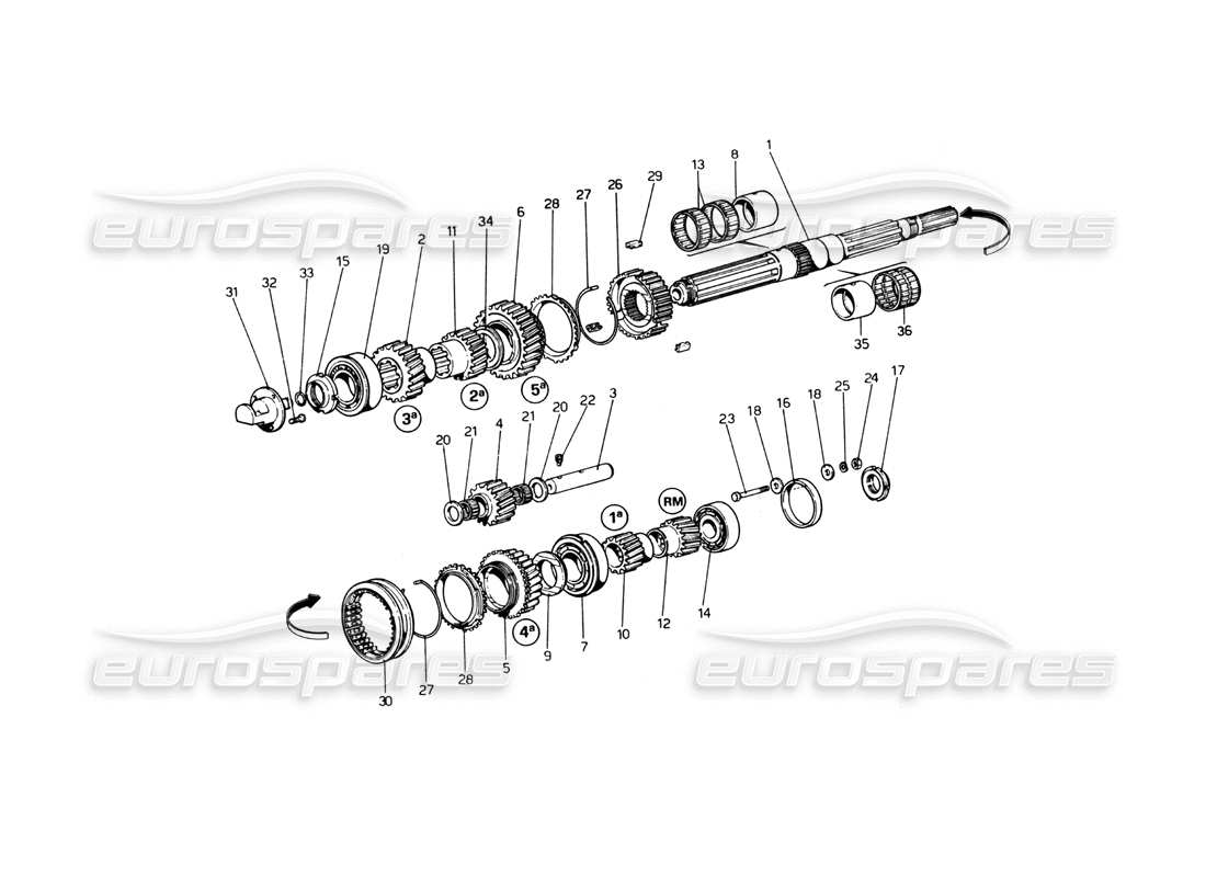 ferrari 365 gt4 berlinetta boxer schema delle parti degli ingranaggi dell'albero principale (dall'auto n. 17543).