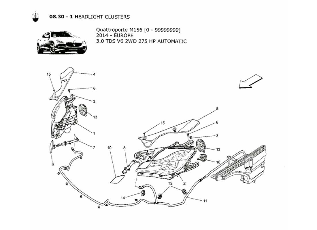 maserati qtp. v6 3.0 tds 275bhp 2014 diagramma delle parti dei gruppi ottici