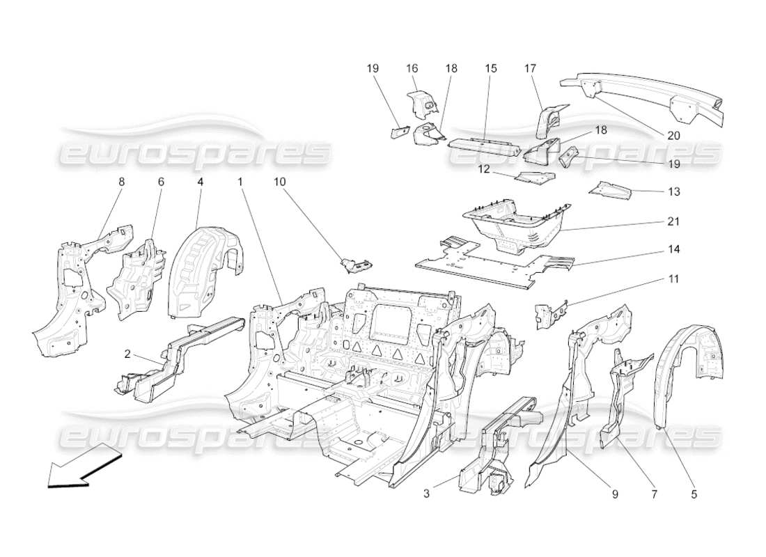 maserati grancabrio (2011) 4.7 telaietti strutturali posteriori e pannelli in lamiera diagramma delle parti