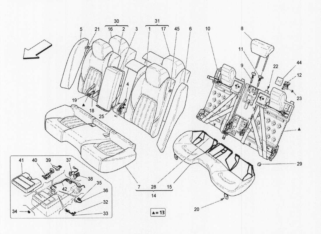 maserati qtp. v6 3.0 bt 410bhp 2wd 2017 sedili posteriori: schema delle parti dei pannelli di rivestimento