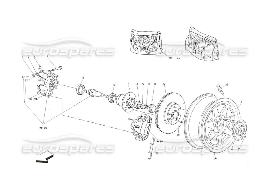 maserati shamal front wheels hubs and brakes part diagram