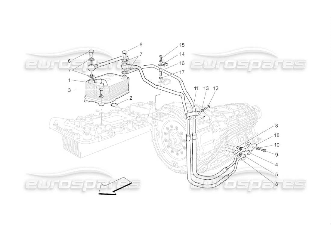 maserati qtp. (2009) 4.7 auto diagramma delle parti di raffreddamento dell'olio del cambio e della lubrificazione