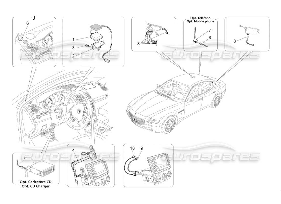 maserati qtp. (2007) 4.2 f1 schema delle parti del sistema di ricezione e connessione