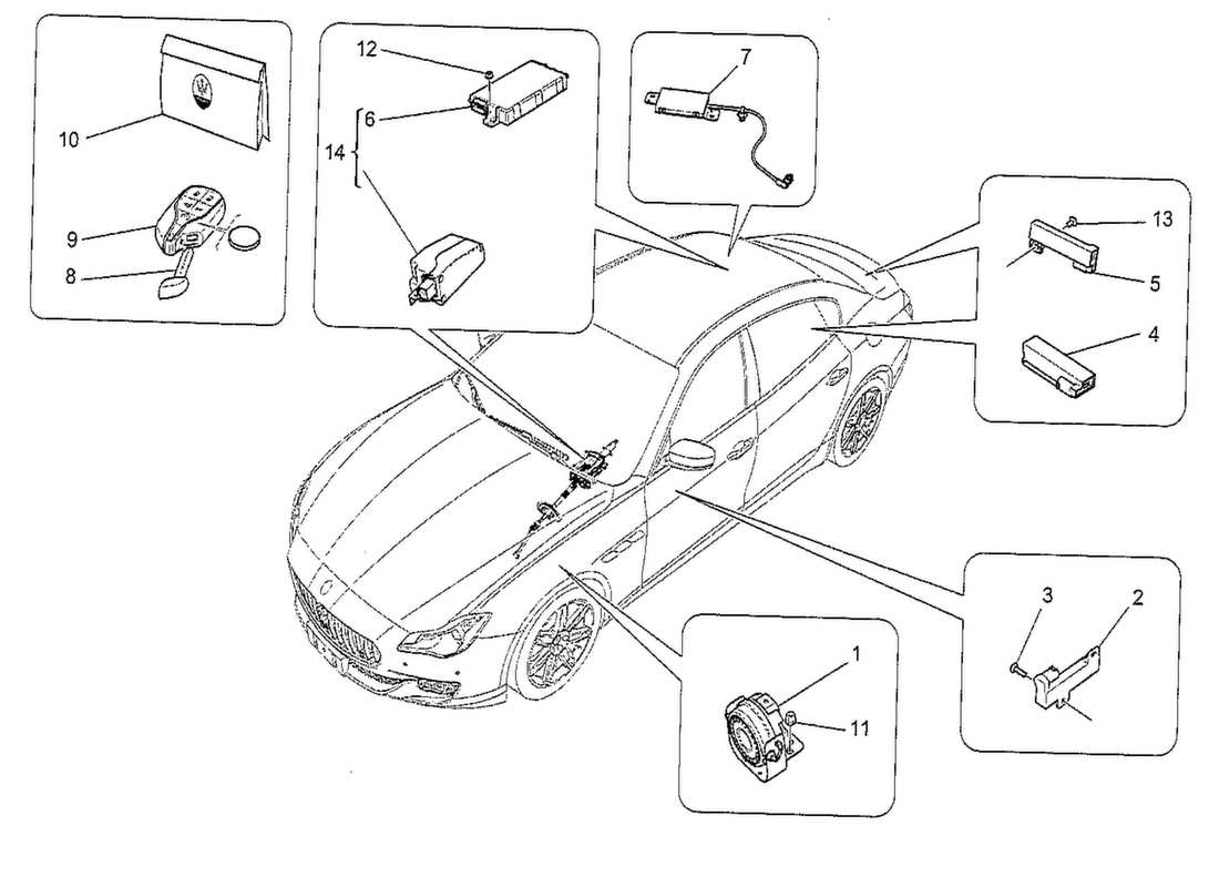 maserati qtp. v8 3.8 530bhp 2014 diagramma delle parti del sistema di allarme e immobilizzatore