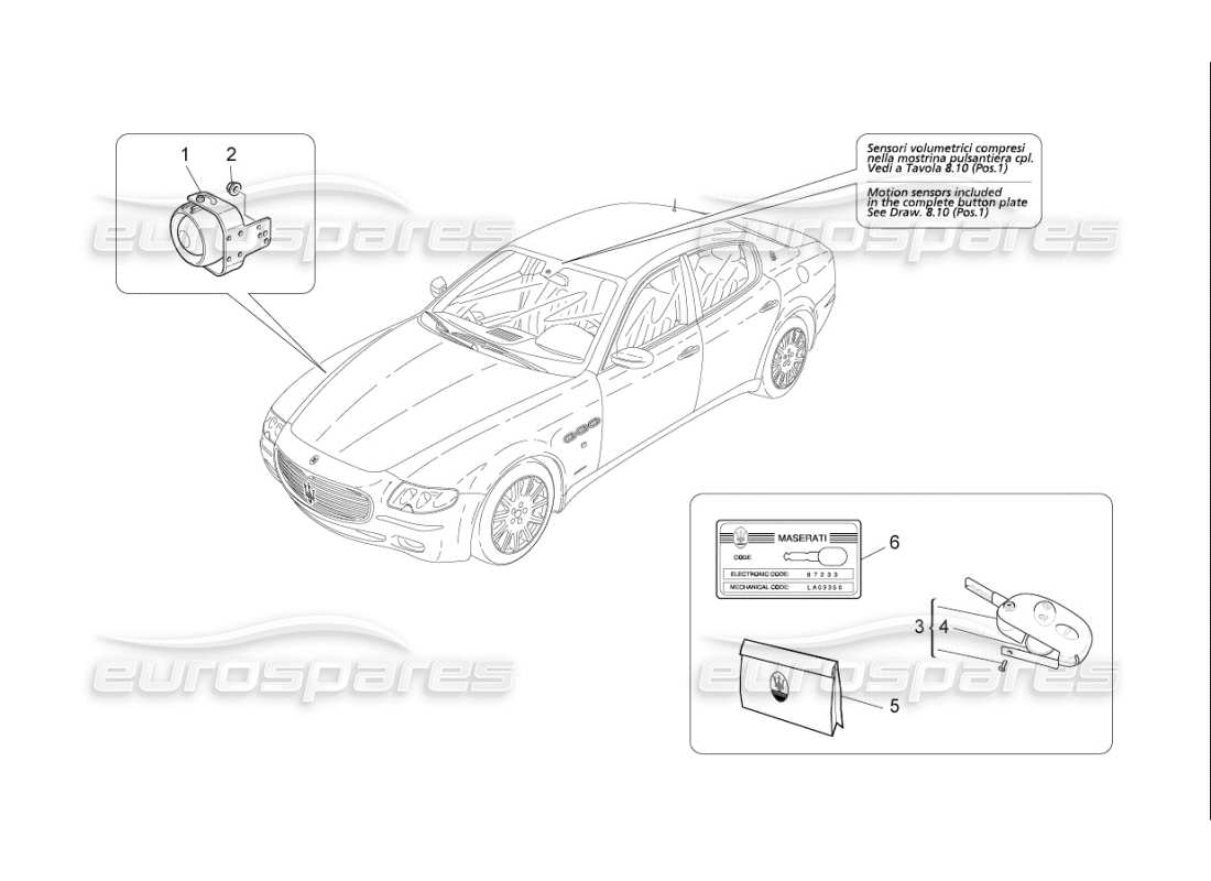 maserati qtp. (2007) 4.2 f1 diagramma delle parti del sistema di allarme e immobilizzatore