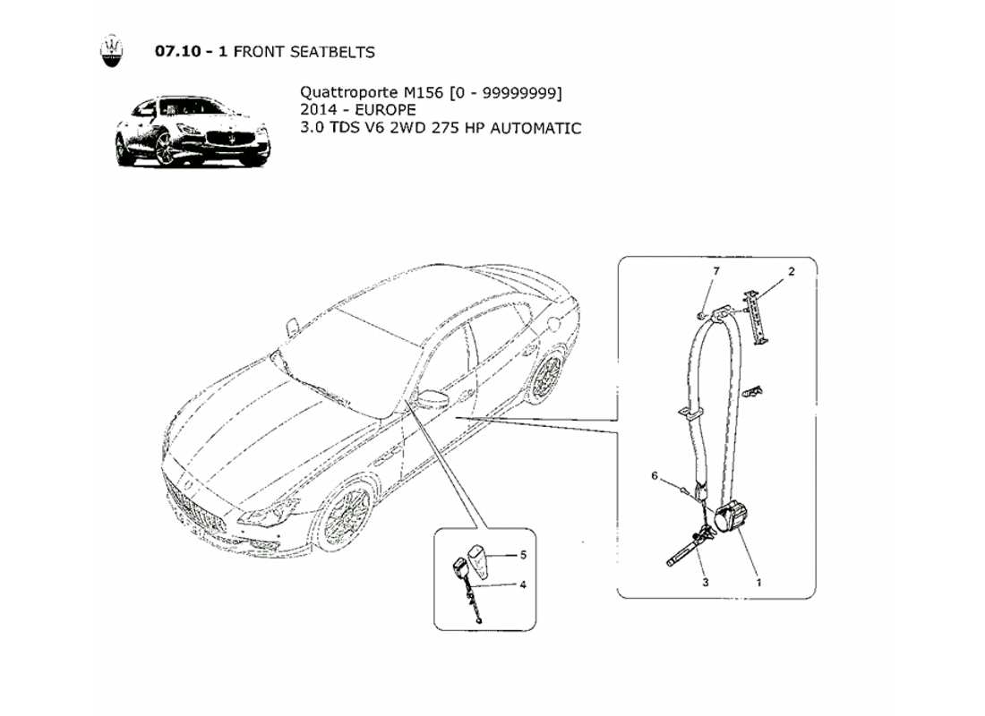 maserati qtp. v6 3.0 tds 275bhp 2014 diagramma delle parti delle cinture di sicurezza anteriori