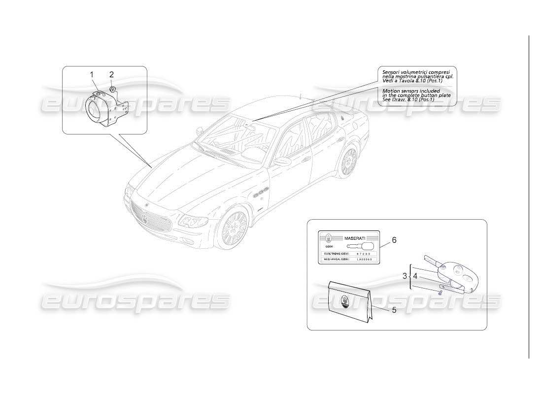 maserati qtp. (2007) 4.2 auto diagramma delle parti del sistema di allarme e immobilizzatore