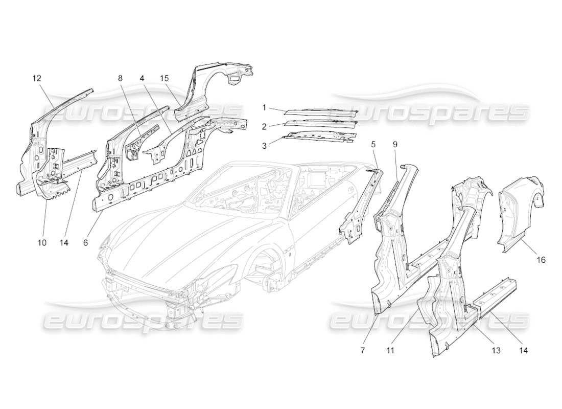 maserati grancabrio (2011) 4.7 carrozzeria e pannelli di rivestimento esterni centrali diagramma delle parti