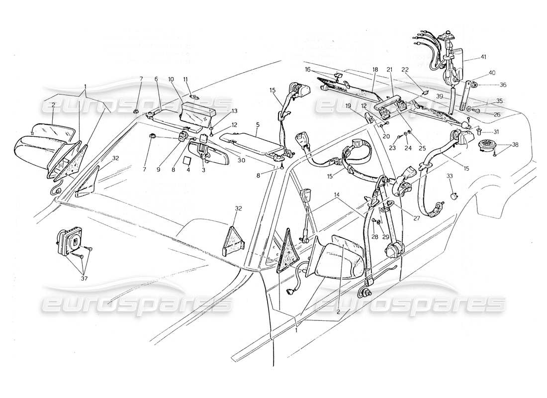 maserati 228 schema delle parti di cinture di sicurezza, specchietti e visiera parasole