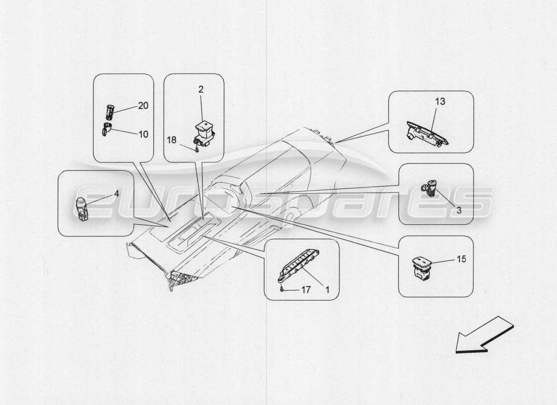 maserati qtp. v8 3.8 530bhp 2014 auto diagramma delle parti dei dispositivi della console centrale