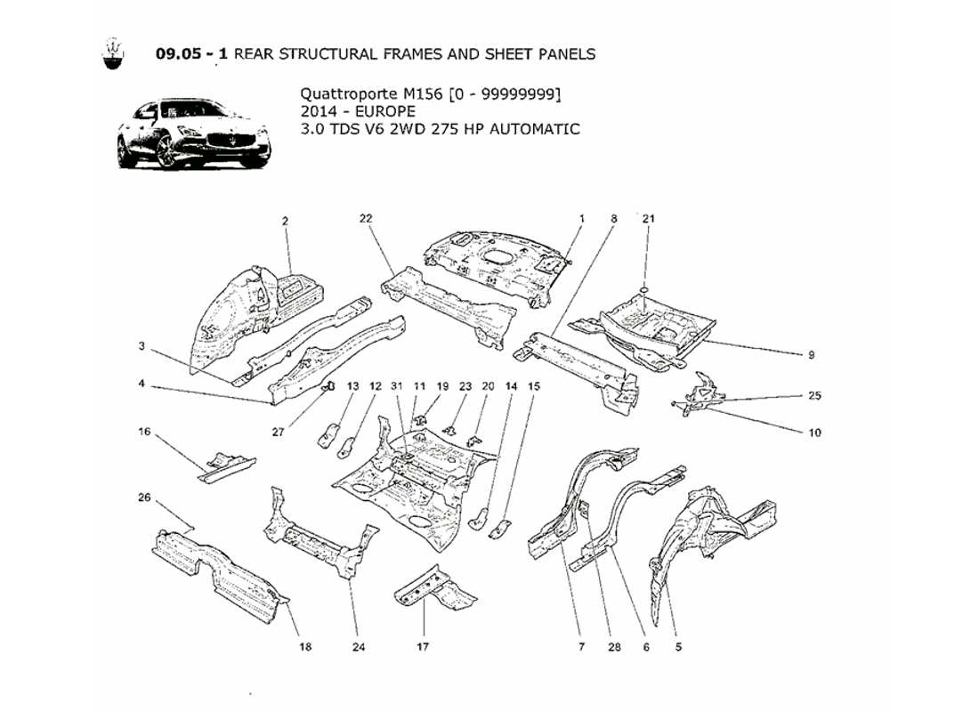 maserati qtp. v6 3.0 tds 275bhp 2014 schema delle parti dei telai strutturali posteriori e dei pannelli in lamiera