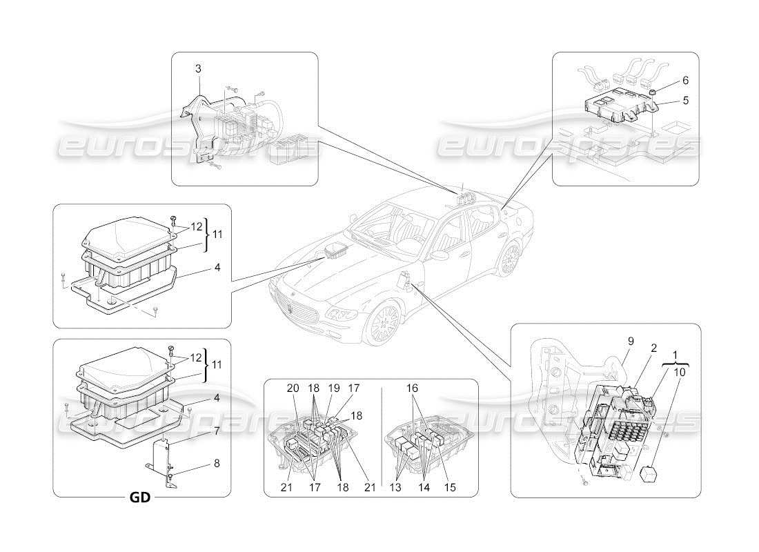 maserati qtp. (2011) 4.2 auto schema delle parti di relè, fusibili e scatole