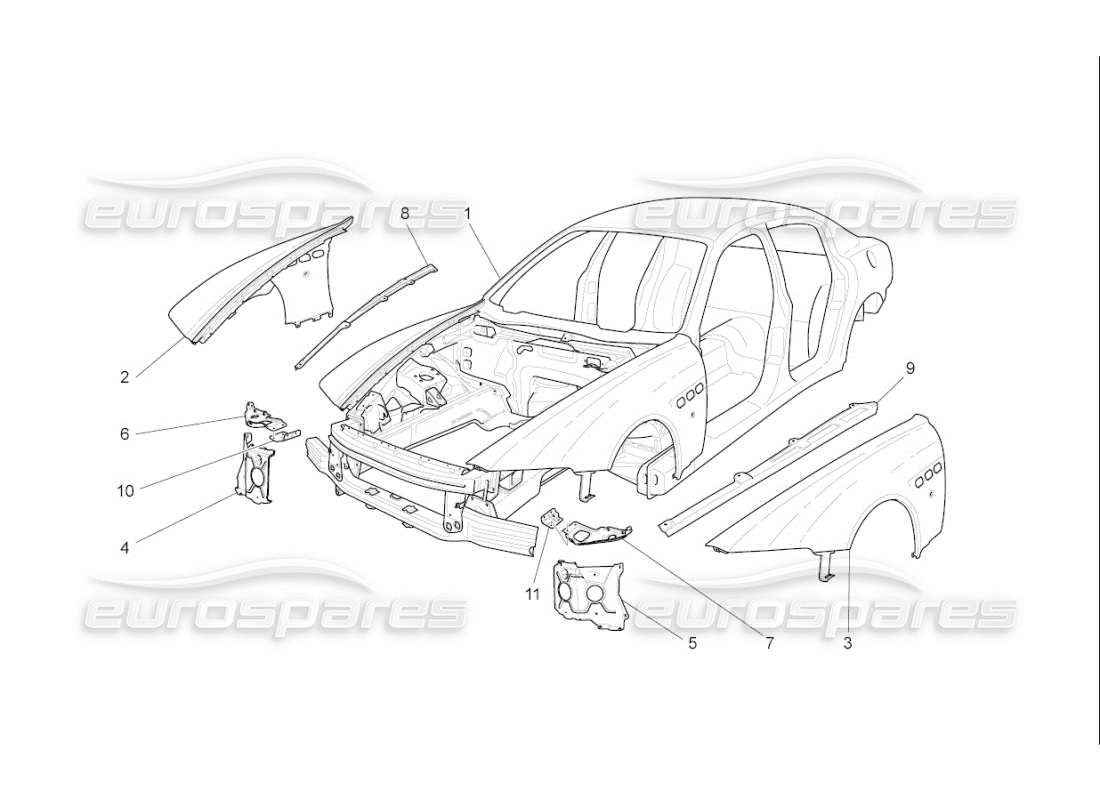 maserati qtp. (2009) 4.7 auto schema delle parti della carrozzeria e dei pannelli di rivestimento esterni anteriori