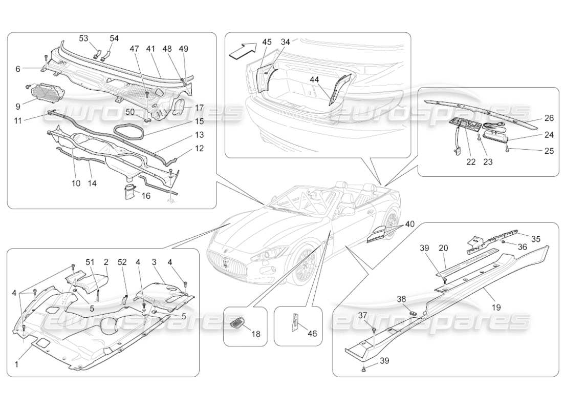 maserati grancabrio (2011) 4.7 schermatura, profili e pannelli di copertura diagramma delle parti
