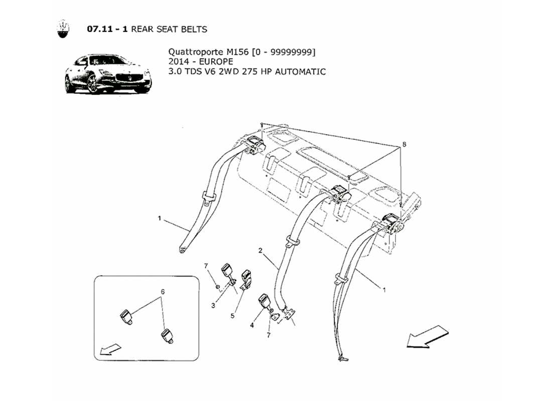 maserati qtp. v6 3.0 tds 275bhp 2014 diagramma delle parti delle cinture di sicurezza posteriori