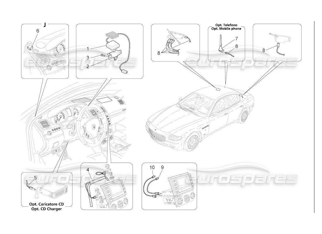 maserati qtp. (2007) 4.2 auto schema delle parti del sistema di ricezione e connessione