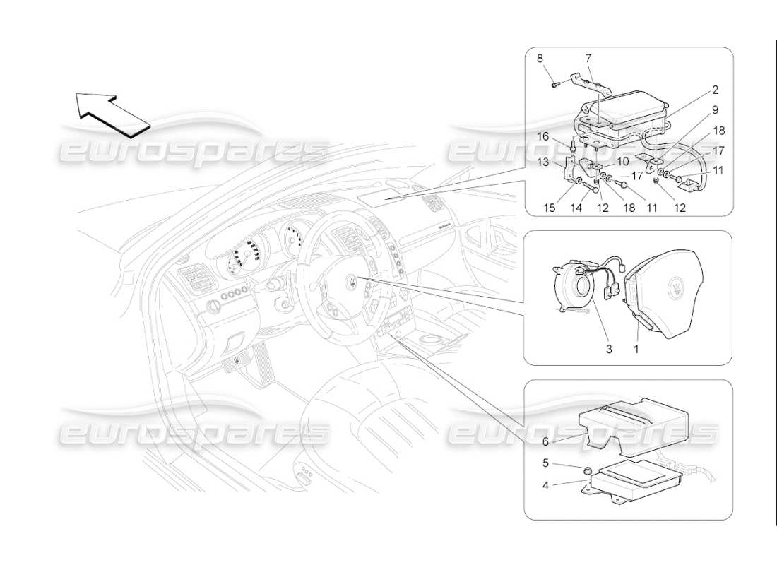 maserati qtp. (2007) 4.2 f1 diagramma delle parti del sistema airbag anteriore