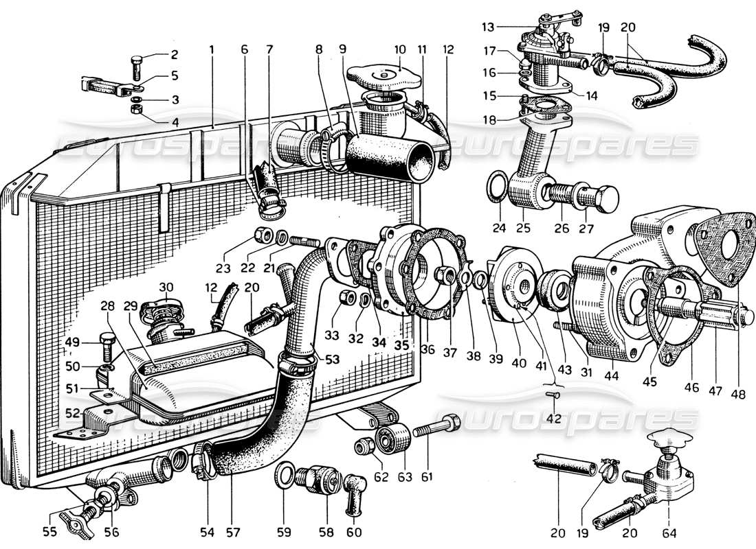 ferrari 330 gtc coupe schema delle parti del radiatore e della pompa dell'acqua