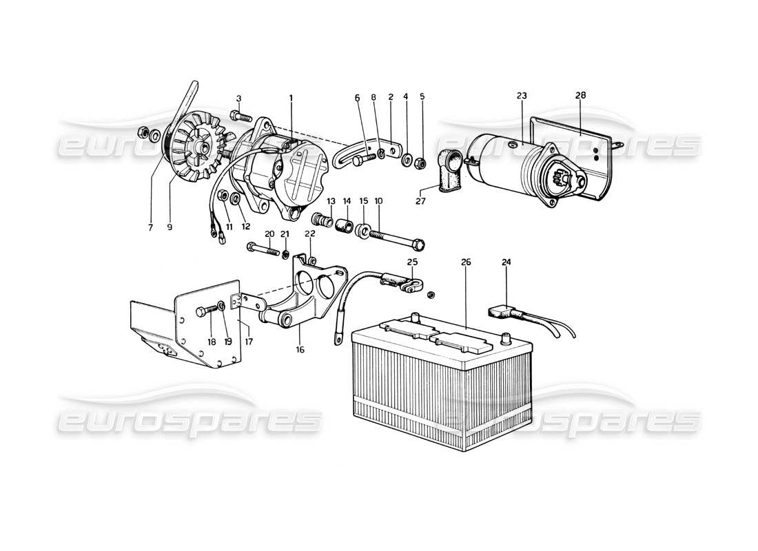 ferrari 246 dino (1975) sistema di generazione di corrente - motore di avviamento diagramma delle parti