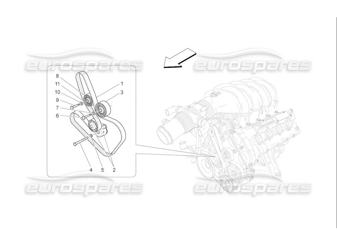 maserati qtp. (2007) 4.2 f1 diagramma delle parti delle cinghie dei dispositivi ausiliari