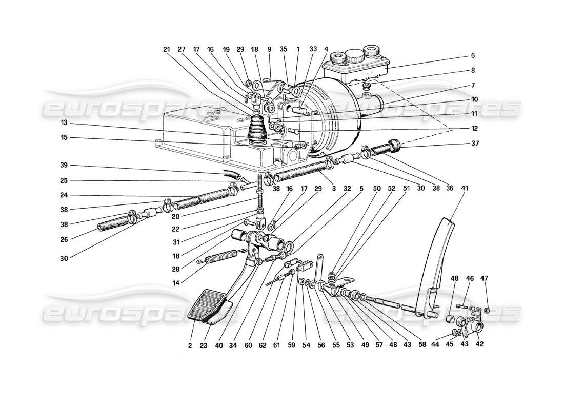 ferrari mondial 8 (1981) diagramma delle parti dell'impianto idraulico del freno e del comando dell'acceleratore (varianti per versioni con guida a destra).