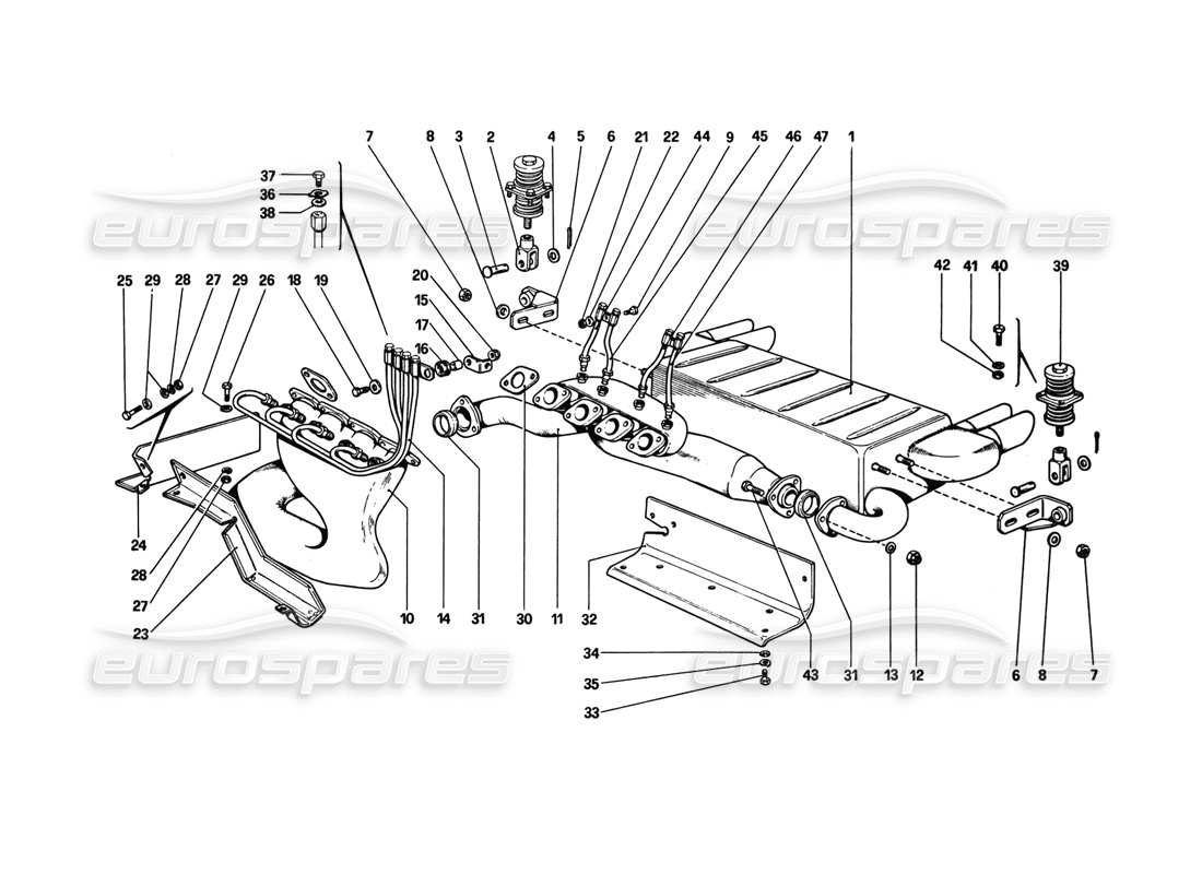 ferrari 308 gtb (1980) schema delle parti del sistema di scarico (varianti per la versione aus).