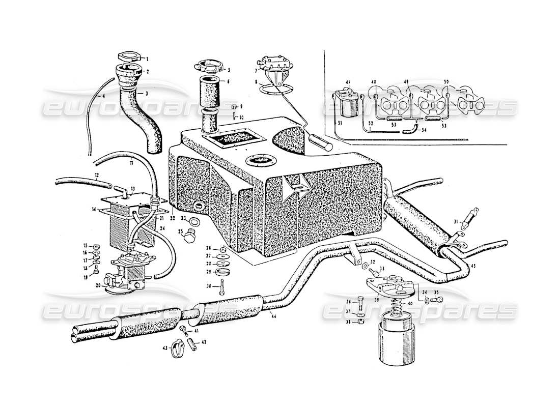 maserati 3500 gt collettore di scarico e tenda carburante diagramma delle parti