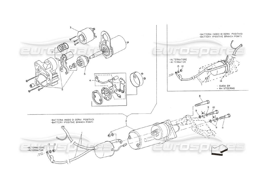maserati shamal motore di avviamento e cavo della batteria diagramma delle parti