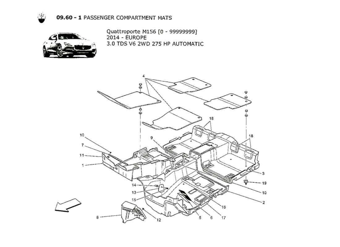 maserati qtp. v6 3.0 tds 275bhp 2014 tappetini abitacolo diagramma delle parti