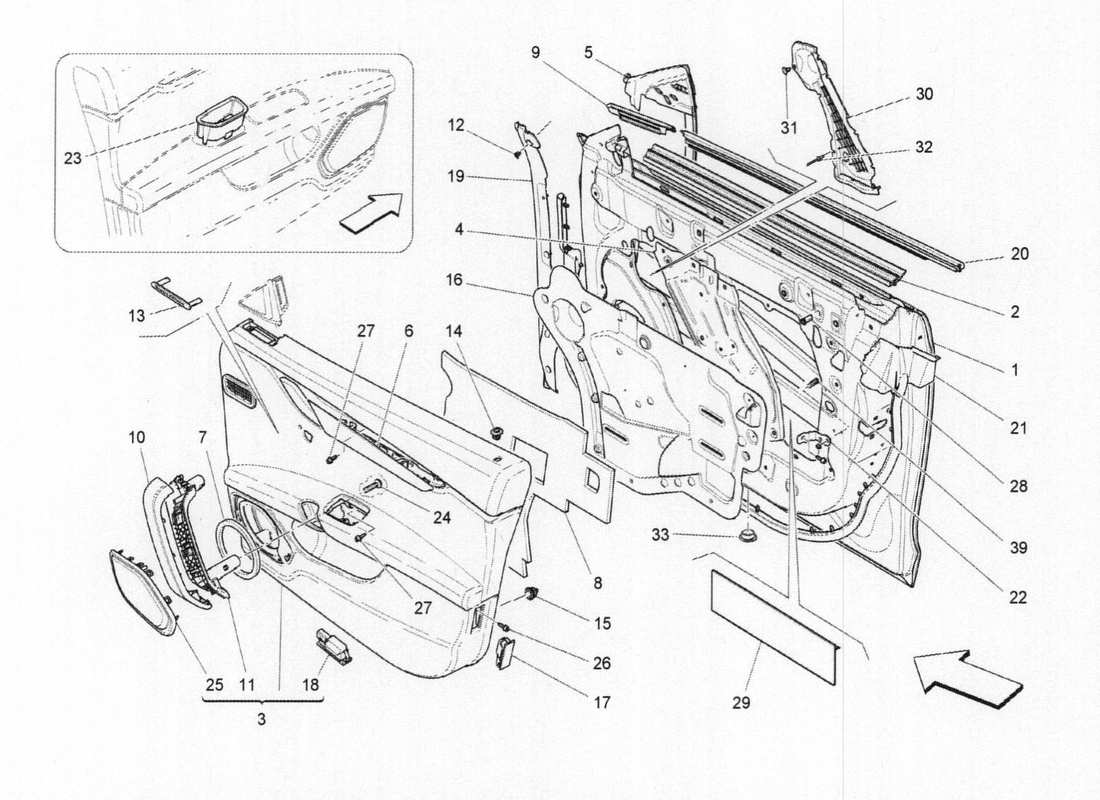 maserati qtp. v6 3.0 bt 410bhp 2015 porte anteriori: diagramma delle parti dei pannelli di rivestimento